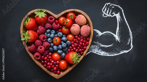 Mixed Strawberries Raspberries Blueberries Tomatoes Lychees Currants in Heart Shaped Wooden Bowl with Strong Arm Muscle Flexing on Black Chalkboard Background