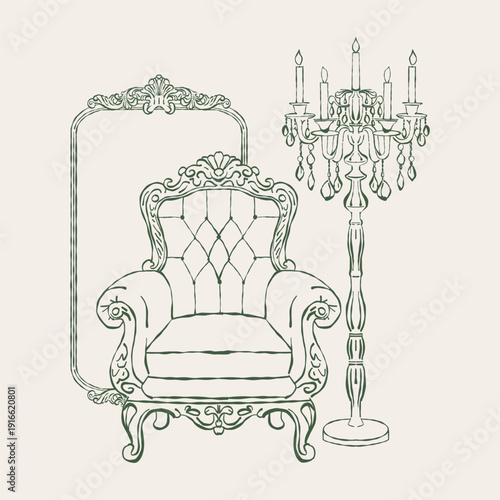 Victorian interior. Classic vintage armchair, antique mirror, floor lamp with candelabra and candles in the Baroque and Rococo styles. Classic upholstered furniture. Vector outline clipart. Retro hand