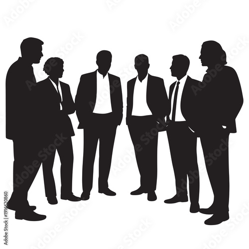 silhouette Six men in formal suits and ties standing closely in conversation with each other