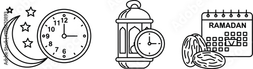 A collection of black and white outline icons representing essential elements and timings related to the holy month of Ramadan observance and celebration