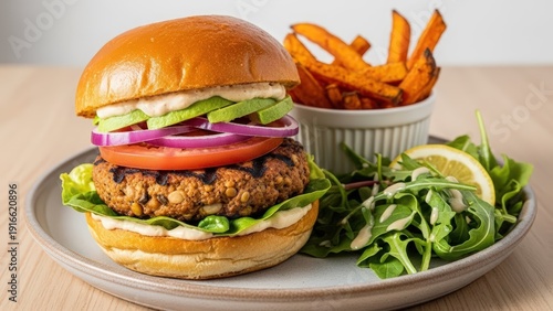 A gourmet veggie burger with avocado, tomato, onion, and greens, served with sweet potato fries and a side salad.