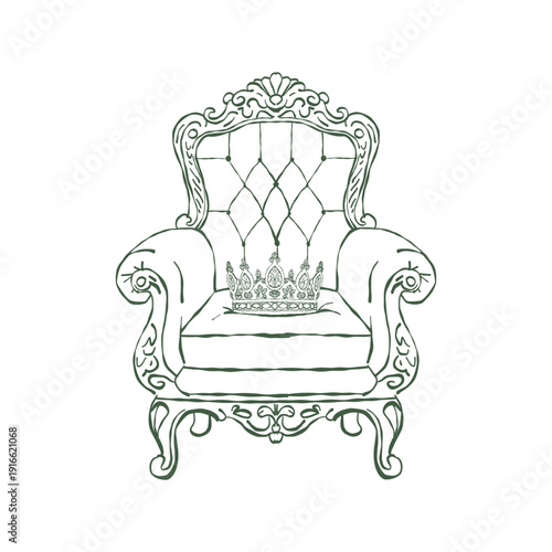 A classic vintage armchair with a royal crown on the seat. Romantic interior. Baroque and Rococo style. Classic upholstered furniture. Green vector outline clipart. Hand-drawn retro illustration.