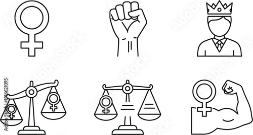 Collection of outline icons representing female empowerment social justice concepts including gender equality and strength advocacy