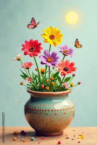 A ceramic pot overflowing with colorful flowers, butterflies, and sunshine, symbolizing a vibrant and joyful life Perfect for representing well-being, positivity, and abundance , joyful, happy