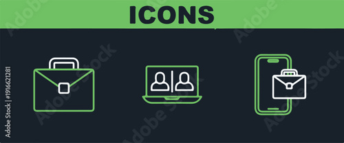 Set line Freelancer, Briefcase and Video chat conference icon. Vector