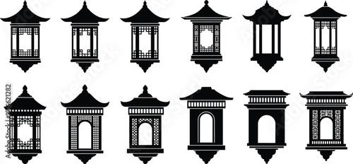 Black Japanese Lantern Silhouette Collection Featuring Various Traditional Asian Designs for Festival Garden Culture Decor and Oriental Architecture Graphic Design Projects