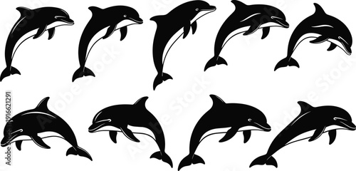 Black Dolphin Silhouette Collection Featuring Various Jumping and Swimming Poses for Marine Life Ocean Nature Conservation and Sea Animal Graphic Design Projects