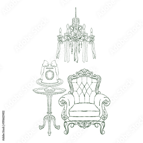 Vintage festive illustration of a Victorian interior. Armchair, table, crystal chandelier, and wedding cake in the Rococo and Baroque styles. Antique classic furniture. Hand-drawn vector outline