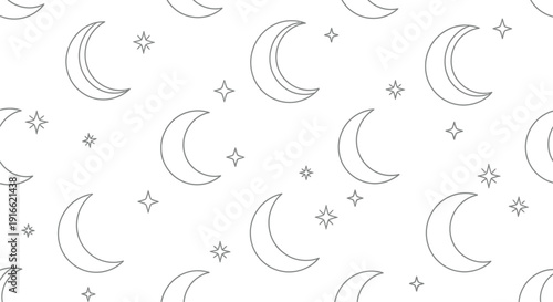 Seamless black and white line art pattern featuring charming crescent moons and twinkling stars repeating across a clean background design