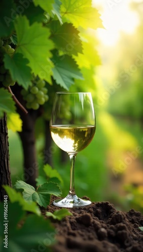 A delicate wine glass rests amongst lush green grape vines, sunlight dappling through the leaves  Perfect for wine tasting, vineyard, or harvest themes ,  ripe grapes,  wine tasting