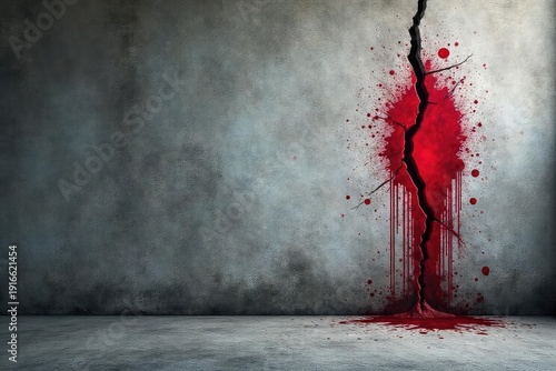 A cracked concrete wall, stained with dark, ominous drips, suggesting violence and decay against a grey backdrop , grunge, destruction, wall