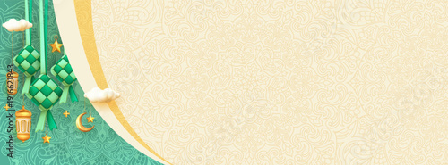 Eid Mubarak decoration background with Ketupat and Arabic pattern