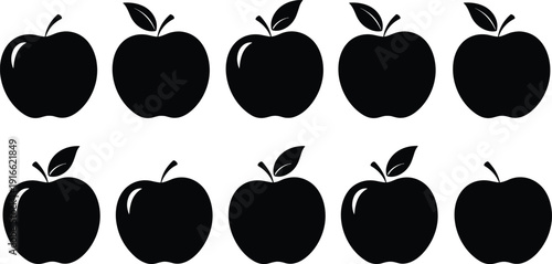 Flat vector illustration of apple silhouettes set including fresh fruit shapes with leaves for organic food healthy snacks and farming icons