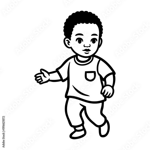 Dibujo de niño pequeño alegre de raza negra andando 