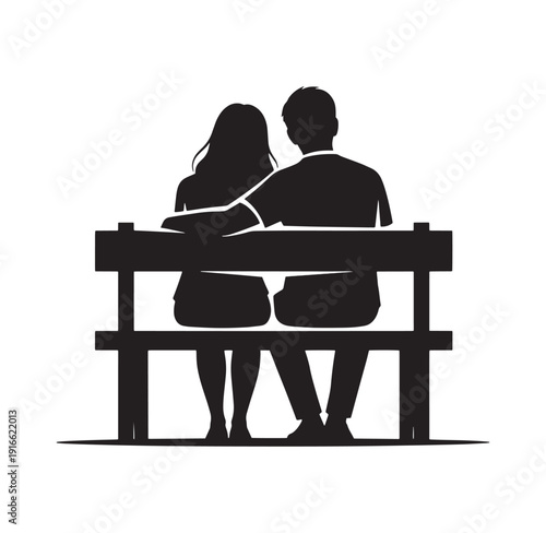 silhouette of a man and a woman sitting on a bench together looking ahead