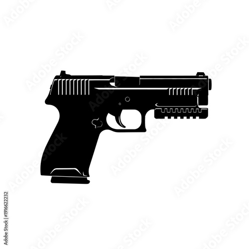 Detailed Silhouette of a Modern Semi-Automatic Handgun on White Background.