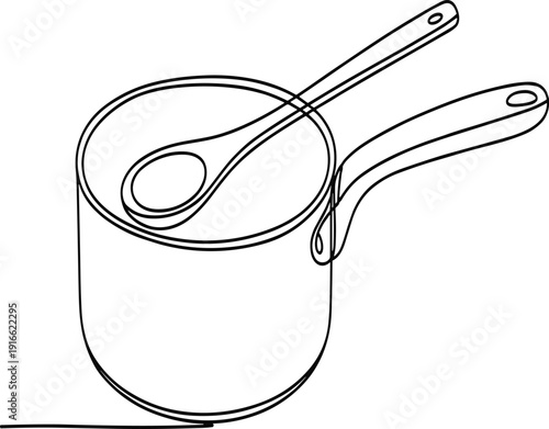 Black and white line of a saucepan with a ladle pouring liquid line saucepan de