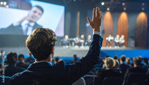 Empresario levantando la mano en conferencia empresarial con ponente en pantalla y auditorio lleno