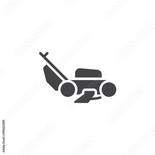 Simple black icon depicting a side view of a push lawnmower
