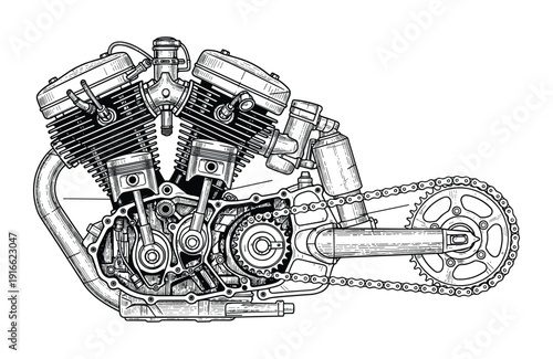 Motorcycle engine detailed black and white sketch vector illustration on transparent