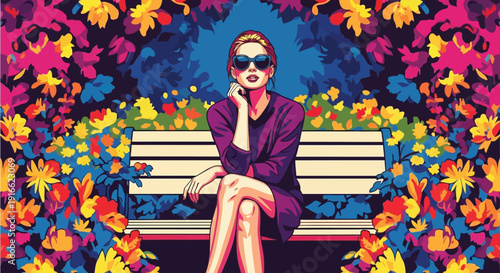 Young woman in sunglasses sitting on a bench surrounded by flowers