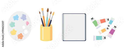Art supplies vector set including paint palette brushes and tubes on transparent background