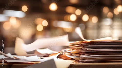 Stack of office documents scattering in a modern illuminated workspace