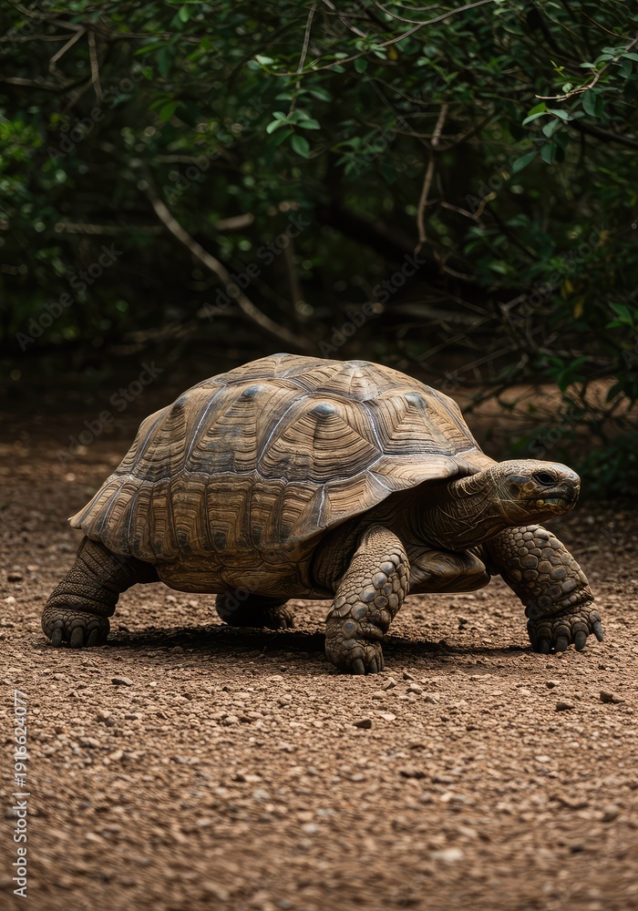 Fototapeta premium A massive reptile, a giant tortoise, slowly traversing rough terrain in a natural environment, displaying its heavy patterned shell and steady, unhurried pace ,unhurried ,head ,nature