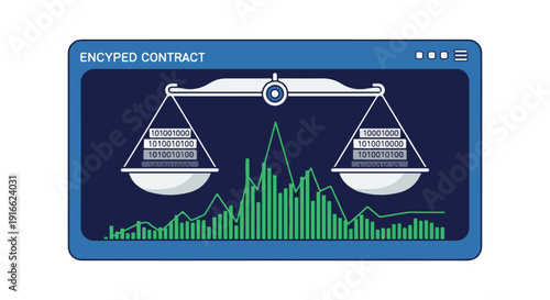 Digital Encrypted Contract Concept with Balance Scale and Data Graph. Smart Contracts, Blockchain Technology, and Secure Financial Transactions Represented Visually.