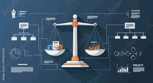 Business balance scale comparing profit and investment with charts and diagrams on dark blue background
