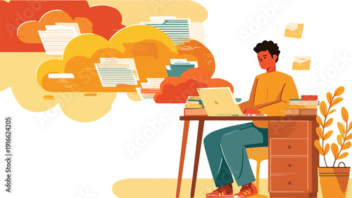 A person works on a laptop with cloud-like documents floating above them