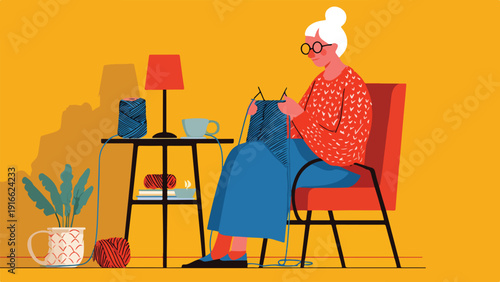 Elderly woman with glasses and white hair knitting a blue garment while sitting on a chair