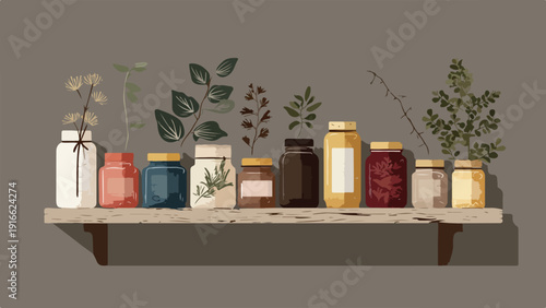 Assorted glass jars with plants and preserved goods displayed on a rustic wooden shelf
