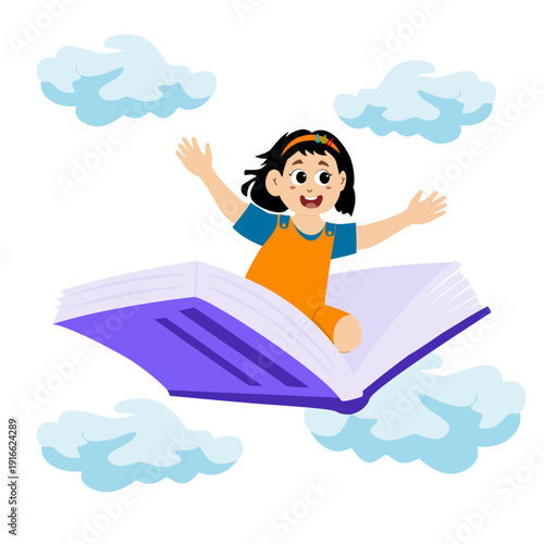 Cute little kid reading a story on World Book Day, story time for kids