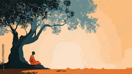 A serene figure in orange robes meditates beneath a large, dark tree against an amber sky