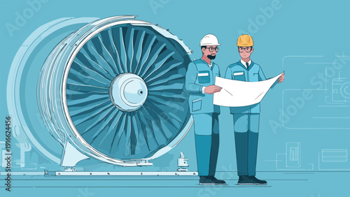 Two engineers in hard hats examine blueprints in front of a large jet engine