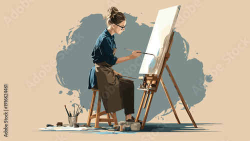 Woman artist painting on canvas at easel, surrounded by art supplies