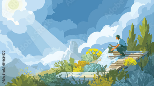 A person waters plants on a raised garden bed against a backdrop of mountains and clouds