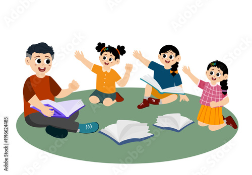 Cute little kid reading a story on World Book Day, story time for kids