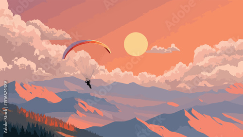 A lone paraglider soars over mountains at sunset with pastel clouds