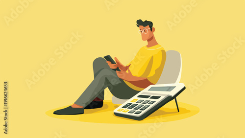 A person in yellow shirt uses phone sitting next to calculator on yellow background