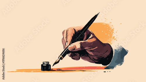 Hand holding a fountain pen and dipping it in an inkwell, with orange ink splashes