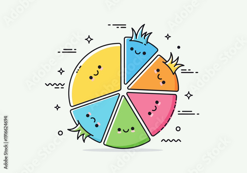 Cute Cartoon Pomegranate Fruit Slices with Happy Faces.