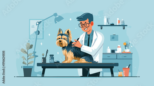 A veterinarian examines a small dog in a clinic setting