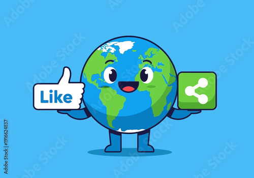 Cute cartoon Earth character holding like and share icons.