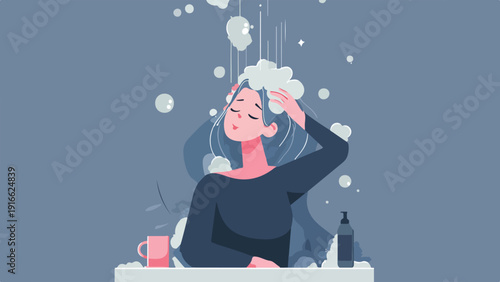 Person washes hair with shampoo and enjoys a relaxing bath with a cup nearby