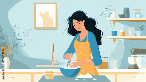 A person bakes in a kitchen, with shelves stocked and a cat painting on the wall