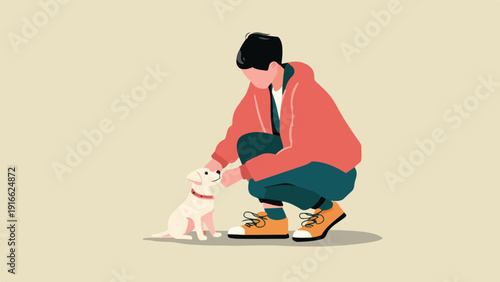 A person crouches down to pet a small, light-colored dog sitting attentively