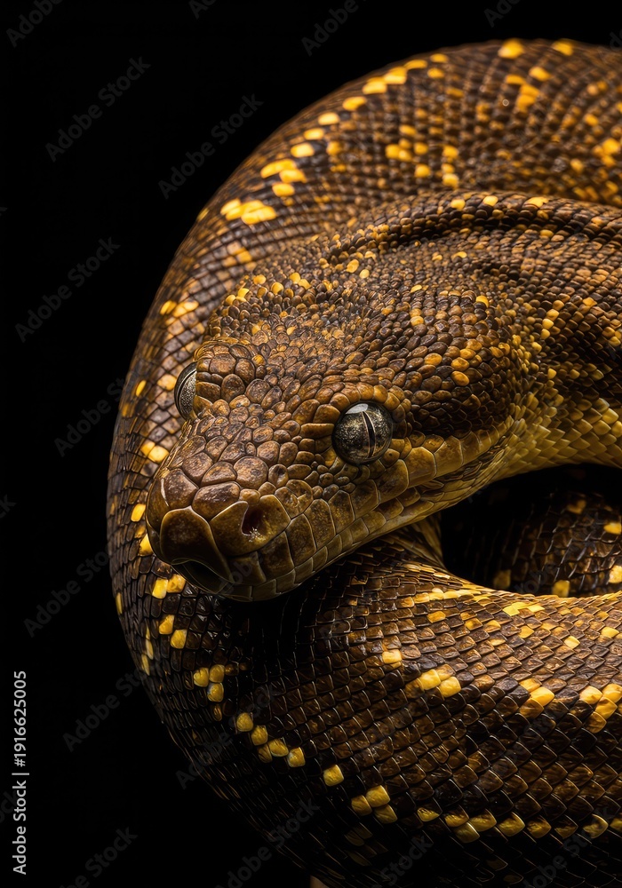 Fototapeta premium Close-up detail of smooth, colorful scales covering a large tropical serpent. Ideal for biological study and wildlife conservation imagery ,coiled ,ophidian ,biology