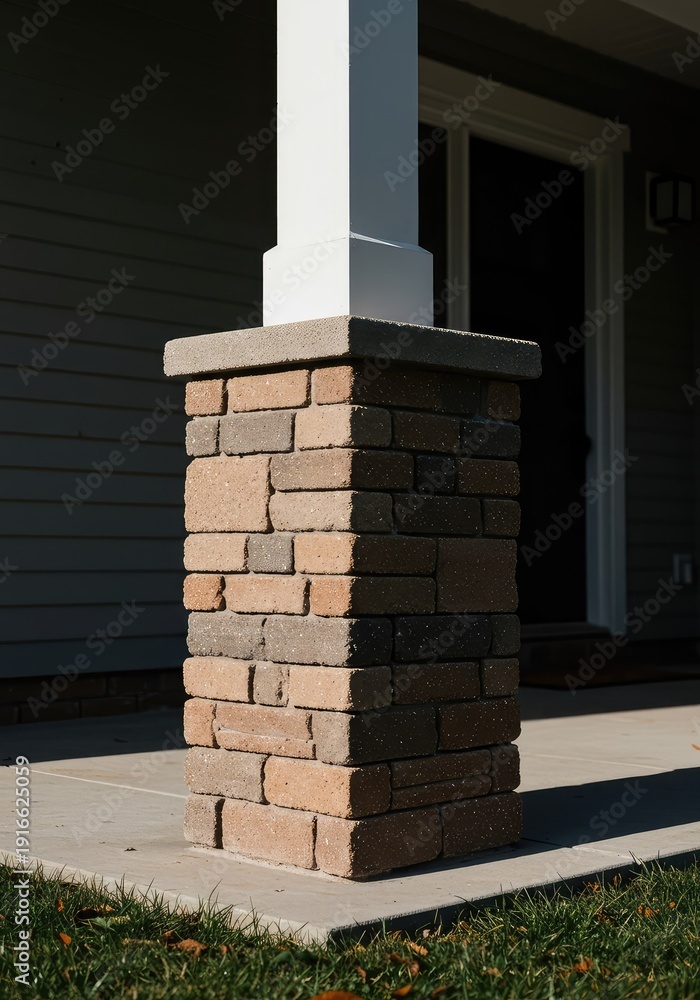 Fototapeta premium Close-up view of a robust, square masonry porch pier supporting a residential structure. Essential architectural foundation element ,vintage ,building ,construction